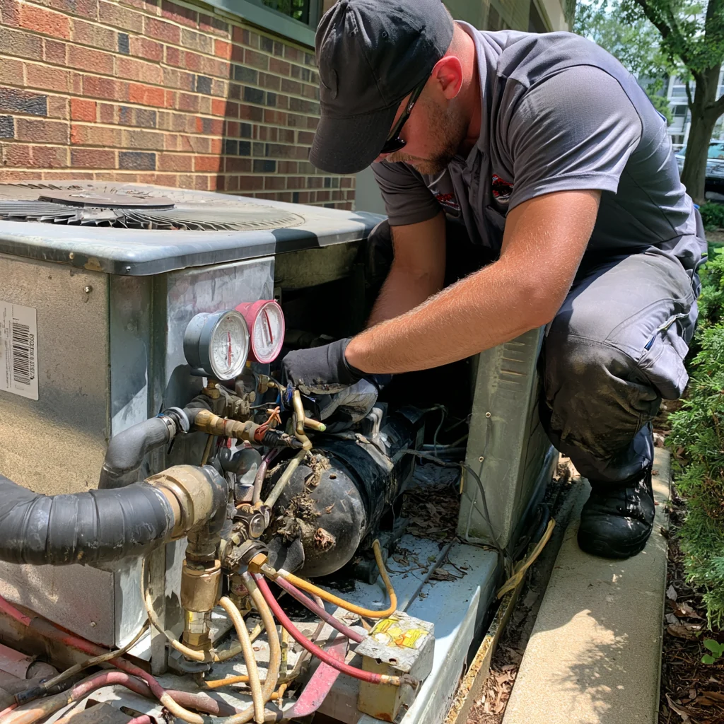 Technician using gauges while repairing a home air conditioner