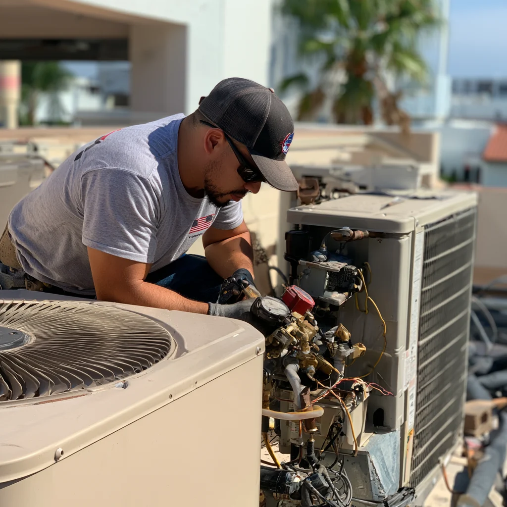 Technicians working beside a residential outdoor air conditioning system