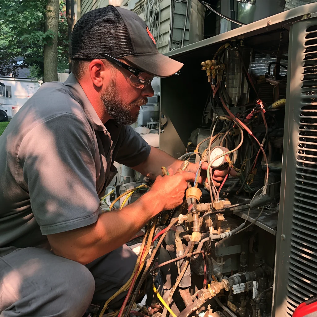 HVAC technician repairing an outdoor air conditioning unit