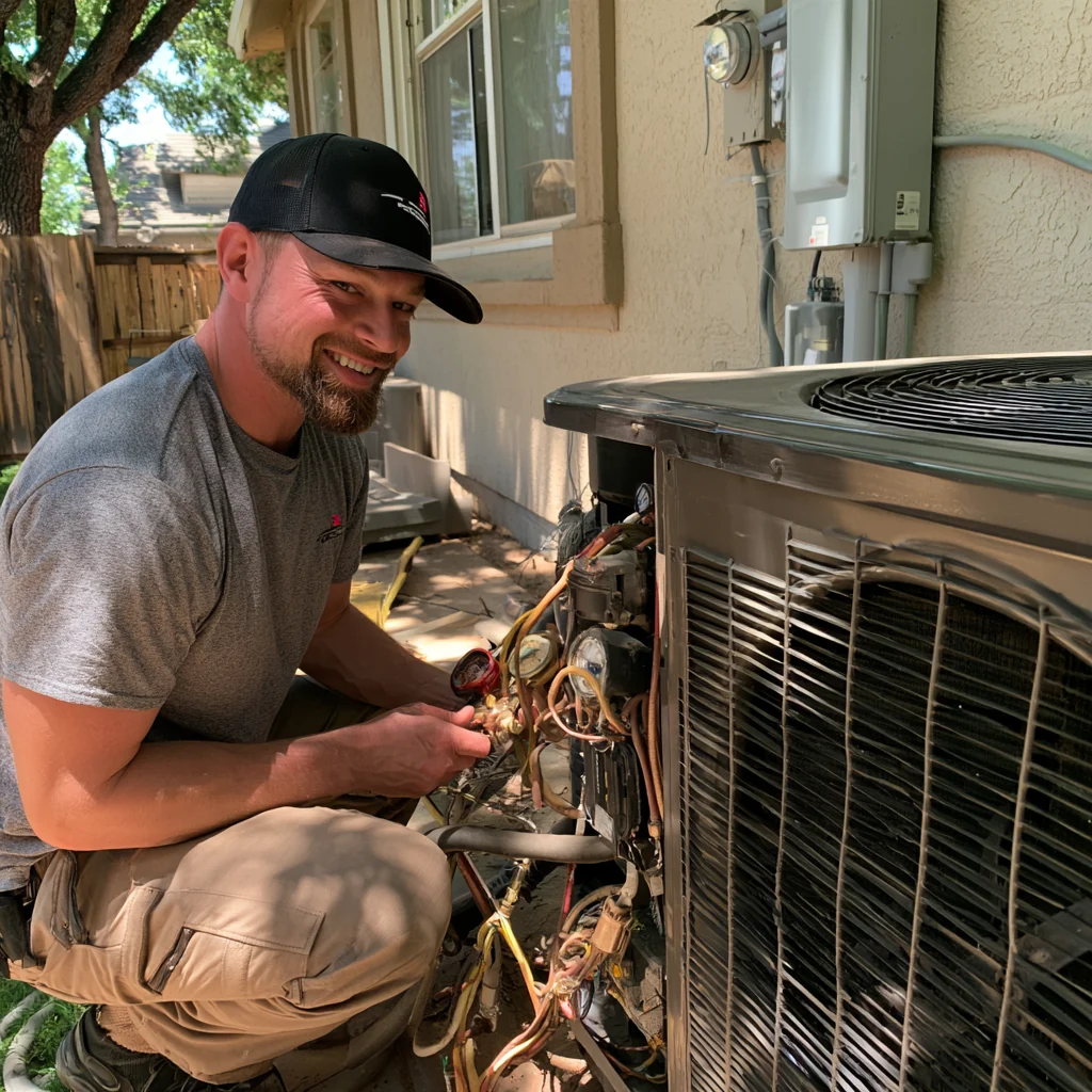 Technician working on a residential outdoor HVAC system