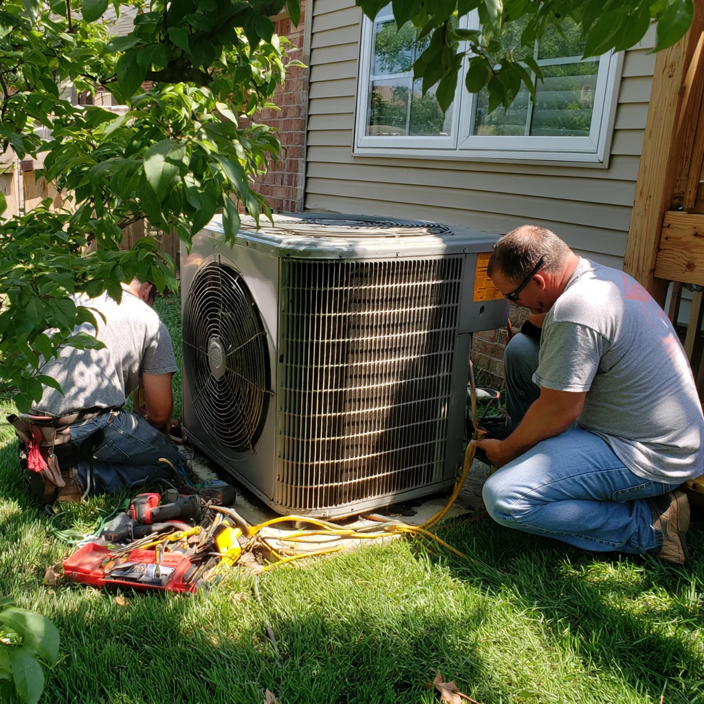 HVAC technician servicing an outdoor residential condenser
