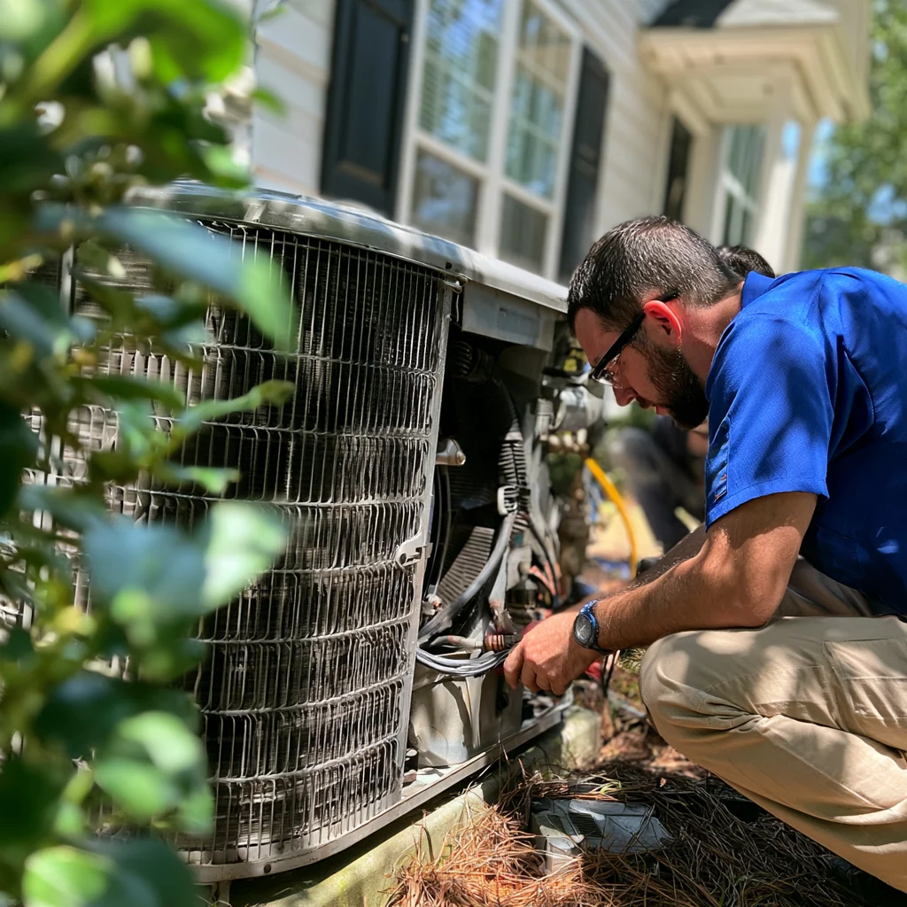 HVAC technician servicing outdoor equipment at a home