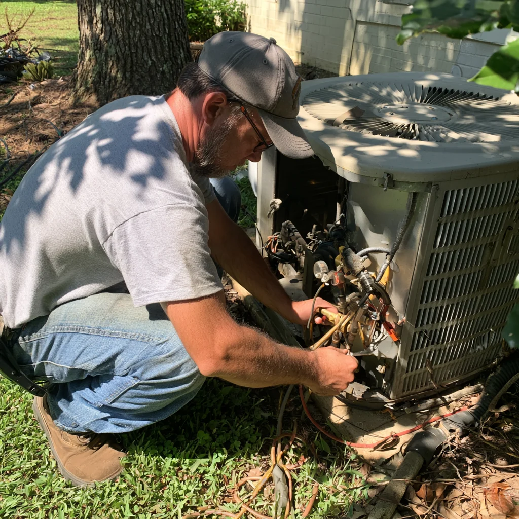 HVAC technician working beside a residential condenser